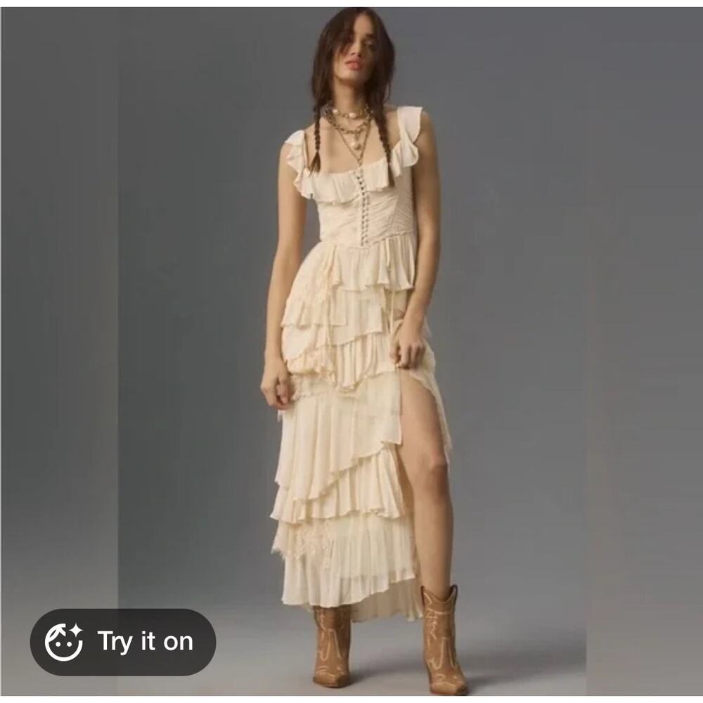 By Anthropologie Corset Tiered Lace Ruffle Maxi in Ivory Dress Medium $268 - Picture 2 of 7